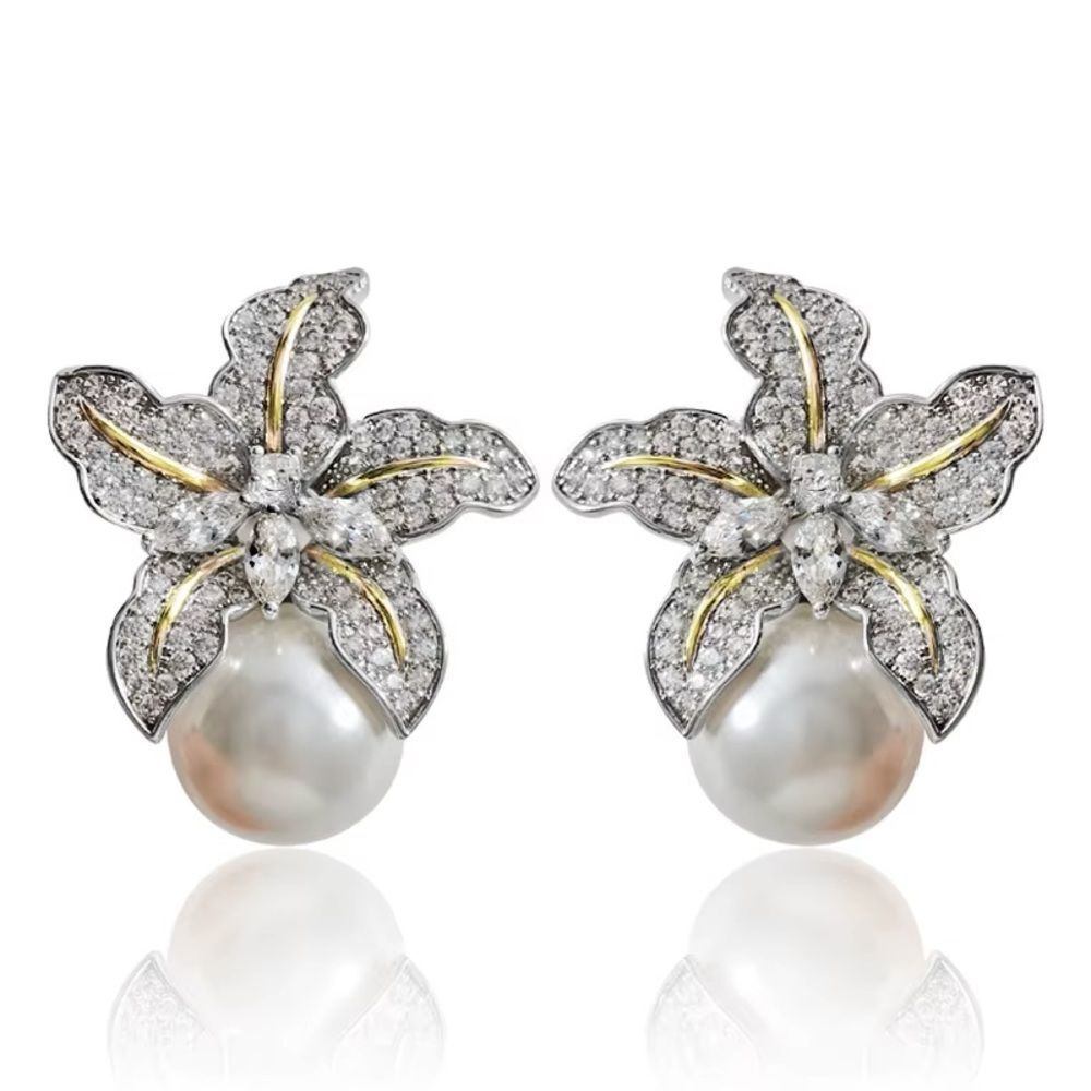 ✨Gorgeous Elegant Silver Cz Diamond Pave Star Lily &PearlPost back Earringss - Picture 16 of 17